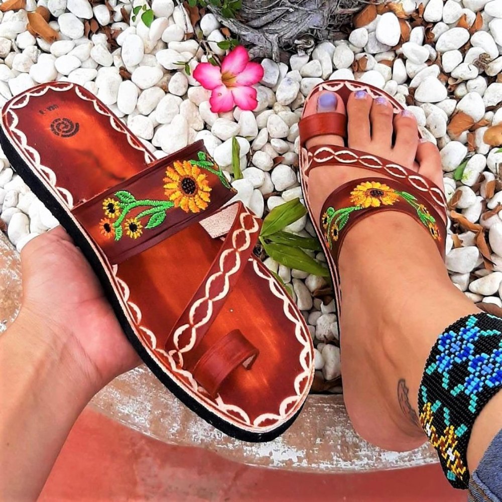 Leather Huarache Sandals - Sunflower design